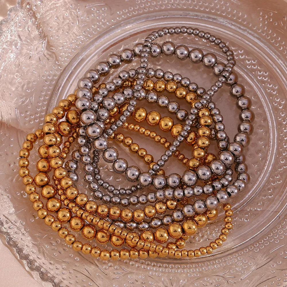 Män kvinnor smycken armband strand pärlstav rostfritt stål 18k guld runda kulpärlor armband 3/4/5/6mm handgjorda elastiska armband