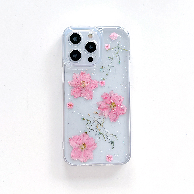 Étuis pressés de fleurs de printemps secs pour iPhone 15 14 Plus 13 Pro MAX 12 11 XR XS X 8 7 Mode séchée Feuille florale réelle Rose Feuille transparente transparente Couverture de téléphone à trou fin en TPU souple