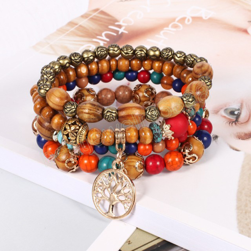 Conjunto de 4 unidades de pulsera de cadena con cuentas de madera Bohemia para mujer, abalorio de árbol de la vida, brazalete hecho a mano con flor rosa, joyería Bohemia para niñas