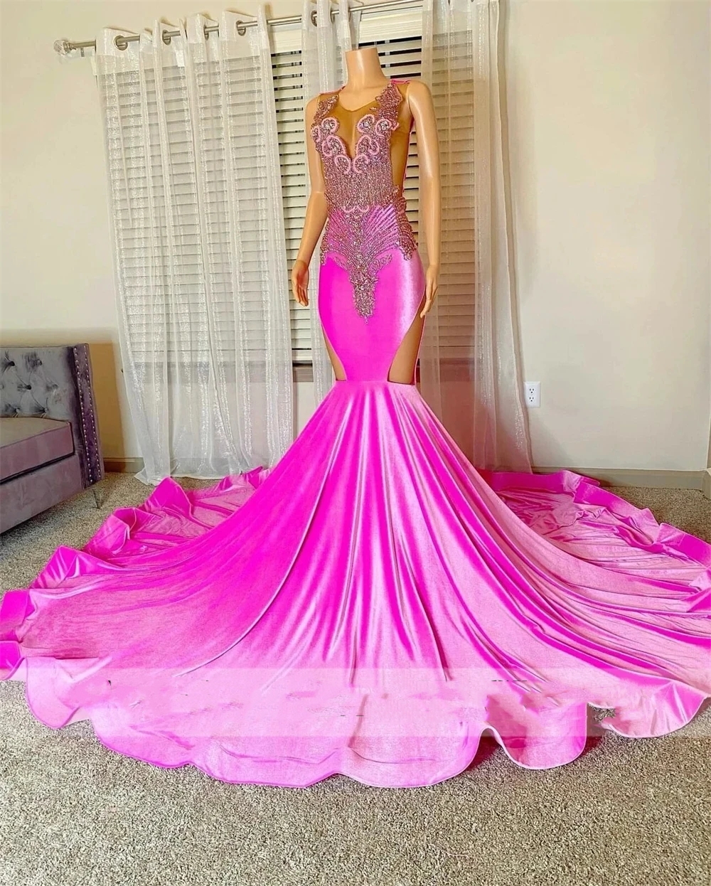 Hot Pink Velvet Rainstone Mermaid Prom Dresses 2024 For Black Girl See Thru African Bridal Evening Dress Sheer Mesh Party Dress