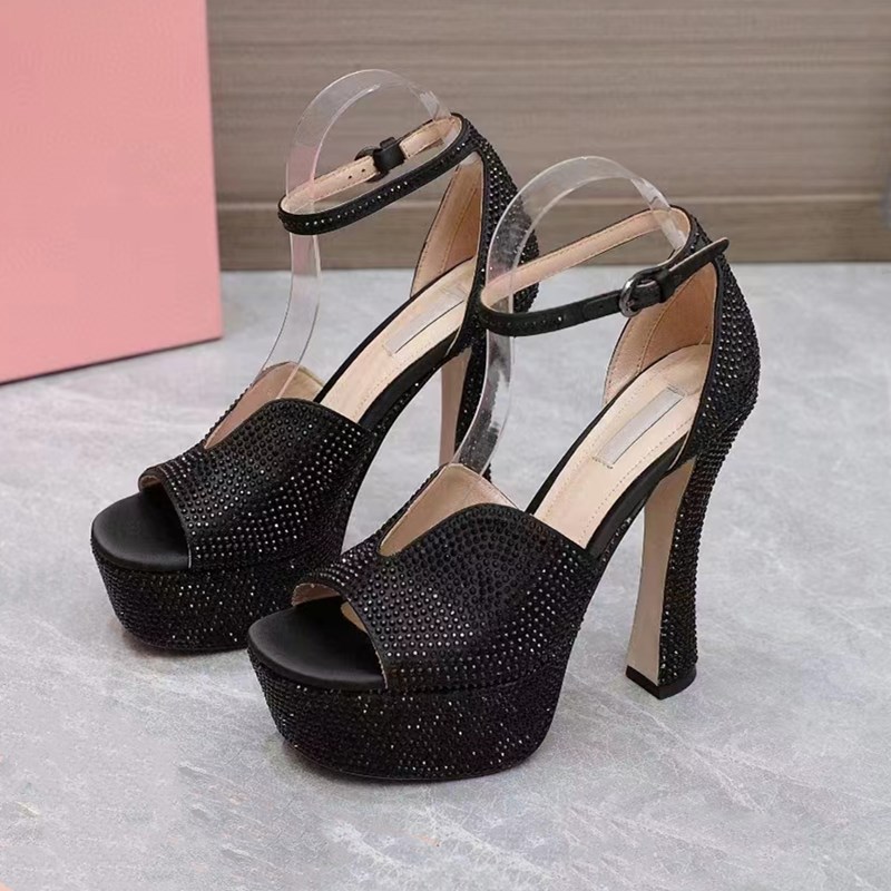 sandali con strass Designer di lusso Scarpe eleganti con tacco da donna con plateau Fibbia classica a triangolo Décolleté con cinturino alla caviglia impreziosito Sandalo da donna con tacco alto 14 cm con scatola