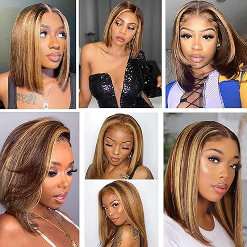 Destaque ombre Bob Human Hair Wig 13x4 HD Lace Frontal Wig ombre Bob pré-arrancado com cabelos para bebês 4/27 150% densidade 8-12 polegadas