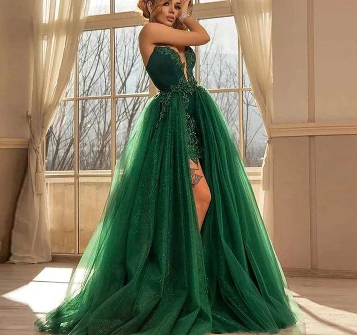 Exquisite Green Luxury Cocktail Ball Gown Prom Dress with Detachable Tail Formal Occasion Sweep Train Evening Dress