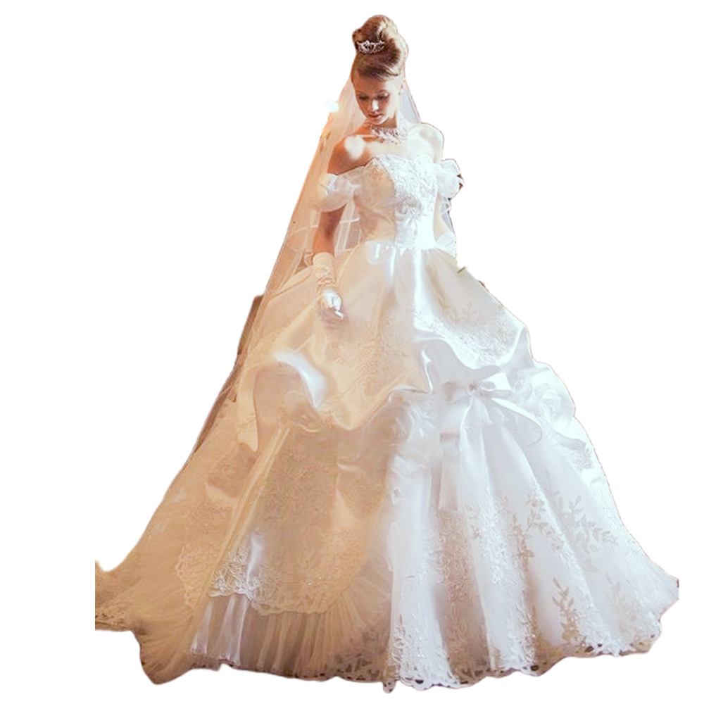 2024 Vintage princesse robe de mariée froncé épaule longue robes de mariée en satin dentelle appliques fleurs à la main magnifiques robes de mariée a-ligne