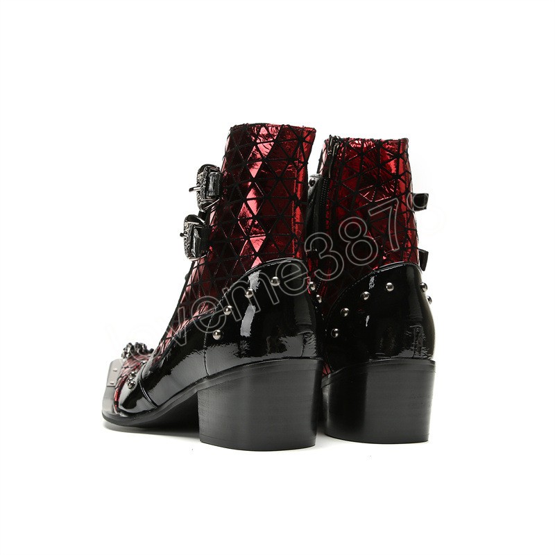 Fashion 6.5cm High Heels Leather Ankle Boots Men Iron Toe Buckles Zip Black Red Punk Motorcycle Short Boots for Man Big Sizes