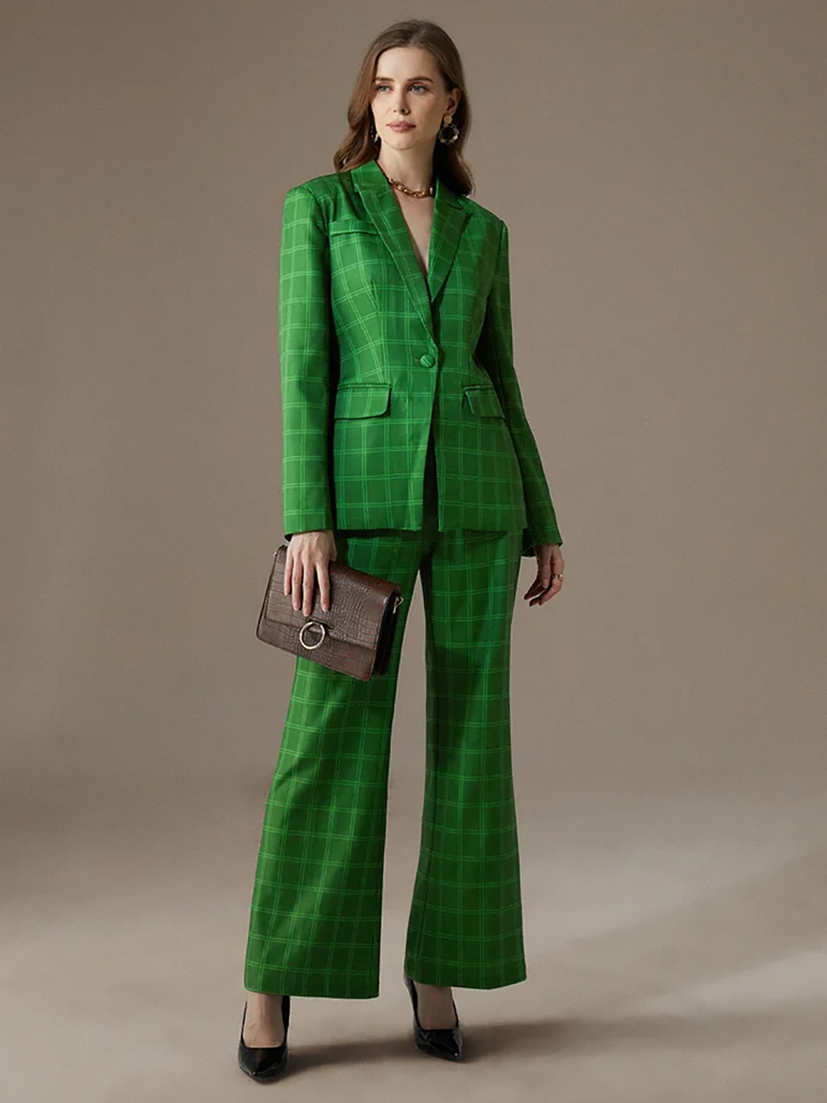 グリーン格子縞の女性スーツブレザー2ピーススリムフィットジャケット特大パーティープロムタキシードテーラードマッドストリートウェアカジュアル服