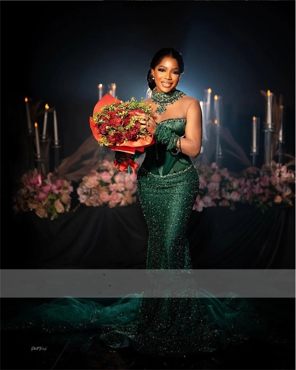 Emerald Green Aso Ebi Beaded Mermaid Prom Dresses For Elegant Bridal Party With Headdress African Crystal Special Occasion Gowns vestidos