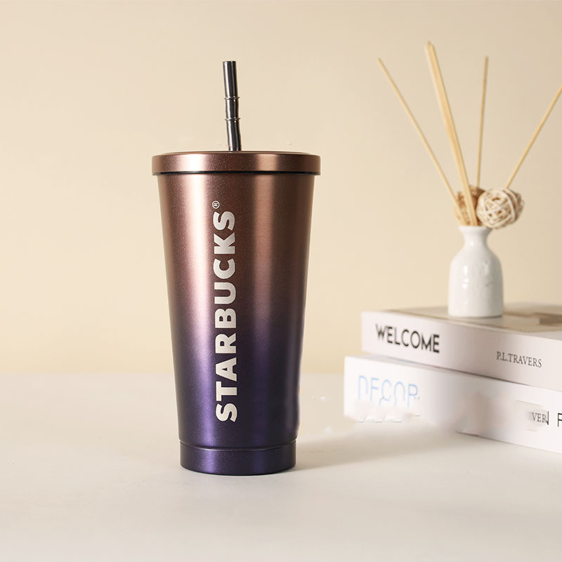 DESIGNER Water Cup Double layered three stainless steel insulated straw cup Car mounted water cup 473ml gradient color cup