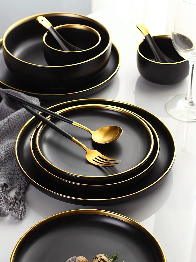 Zwart gouden porselein servies set keukenplaat keramische voedselplaat salade noedels 1p servies set