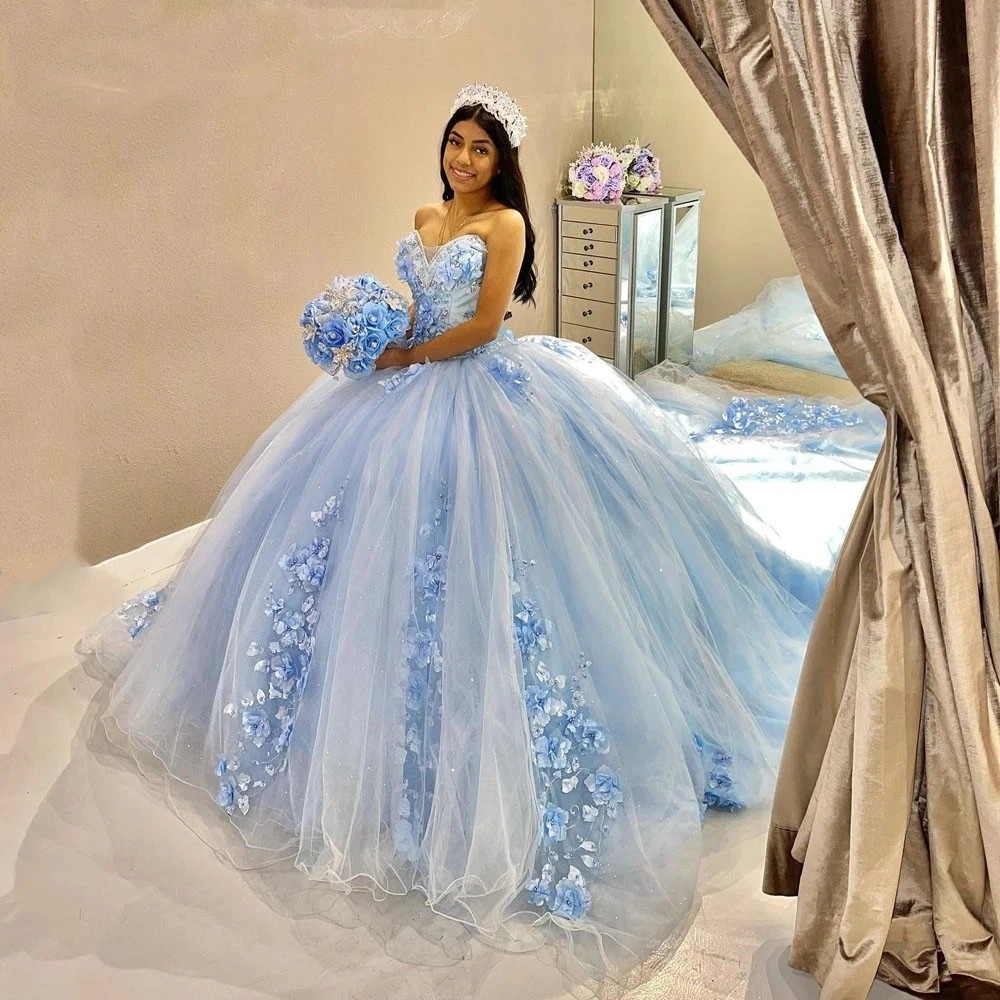 Vestido de bola azul de moda vestido de bola quinceanera 2023 flores artesanais.