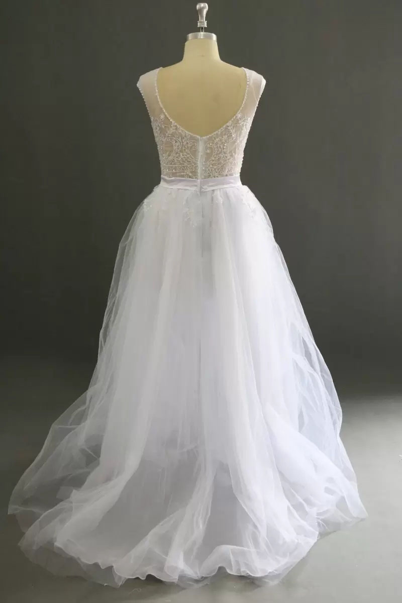 Real Image Charming White Wedding Dress Front Split Crew Beaded See Through Sexy Bridal Gowns