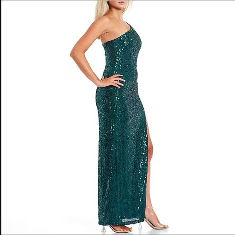 Elegant One Shoulder Sequin Emerald Green Dress Sheath Sexy Long Dinner Dresses For Women 2023 Evening Party New Prom Dress