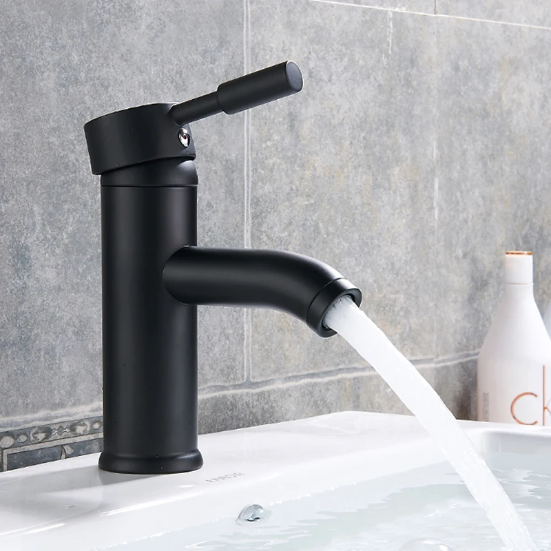 Black Short or Tall Basin Faucet Deck Mounted Single Holder One Hole Hot Cold Mixer Tap Stainless Steel Material