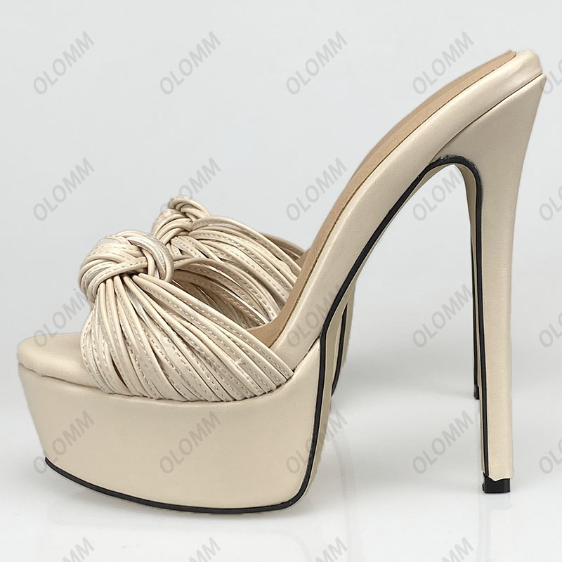 Olomm, sandalias hechas a mano para mujer, sandalias de PU con nudo mate, tacones de aguja sexis, zapatos de vestir negros elegantes con punta abierta, zapatos de mujer de talla grande de EE. UU. 5-20