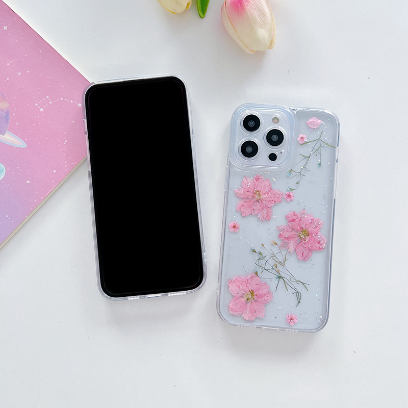 Étuis pressés de fleurs de printemps secs pour iPhone 15 14 Plus 13 Pro MAX 12 11 XR XS X 8 7 Mode séchée Feuille florale réelle Rose Feuille transparente transparente Couverture de téléphone à trou fin en TPU souple