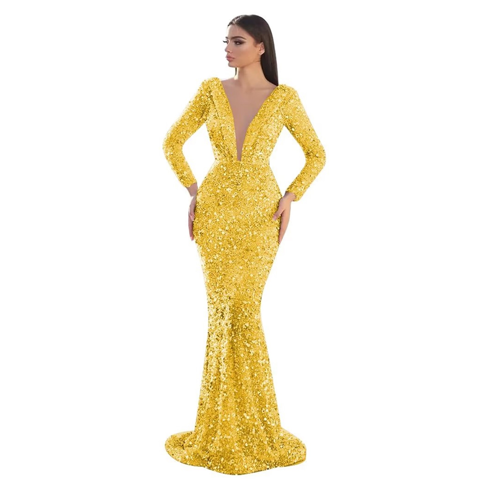 Glitter Mermaid Evening Dresses Beading Sequins Long Sleeve Prom Gowns Deep V Neck Party Second Reception Dress