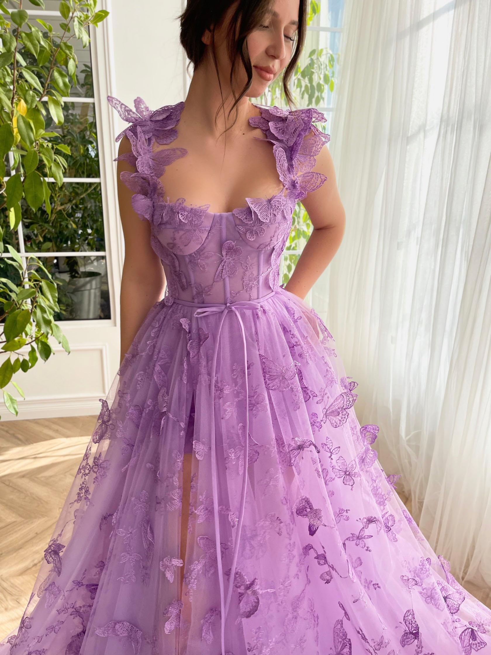 3D Butterfly Tulle Prom Dresses for Women Lace Applique Princess Prom Dress Long Ball Gown with Slit