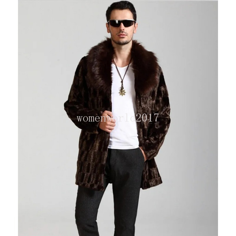 Manteaux d'hiver en fausse fourrure européenne pour homme, couleur unie marron, ample, chaud, point ouvert, col rabattu, hauts épais décontractés