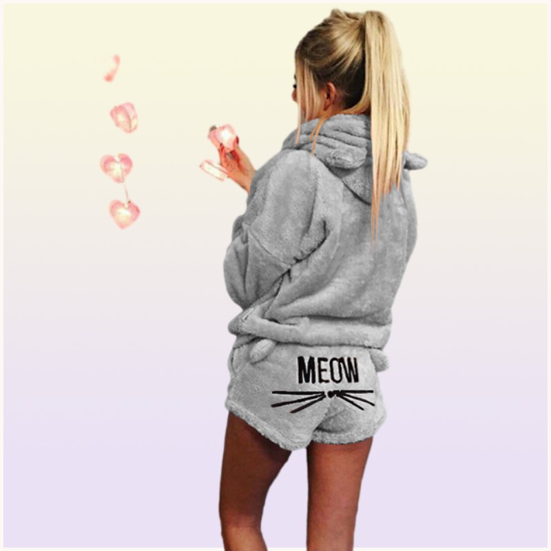 Frauen Winter Kurzer Pyjama mit Kapuzendesigner Pajama Set Hoodie Cat Print Shorts Hosen Outfits Kausaler Pyjamas Kleidung Sets Home Cloth 8936586