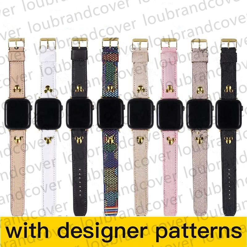 Designer Smart Straps für Apple Watch Band Gold Uhrenarmbandglieder 49 mm 44 mm 45 mm 38 mm iwatch Serie 8 9 4 5 6 7 Armband Leder Nietenarmband Niedlicher Cartoon-Charakterdruck