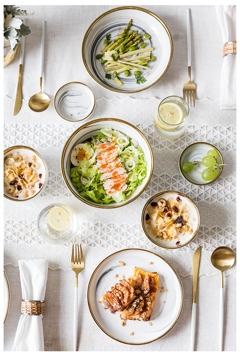 Marmeren grijze keramische borden en kommensets voor 18-8-110 Dinerbord soepkom met gouden rand servies sets voor thuis