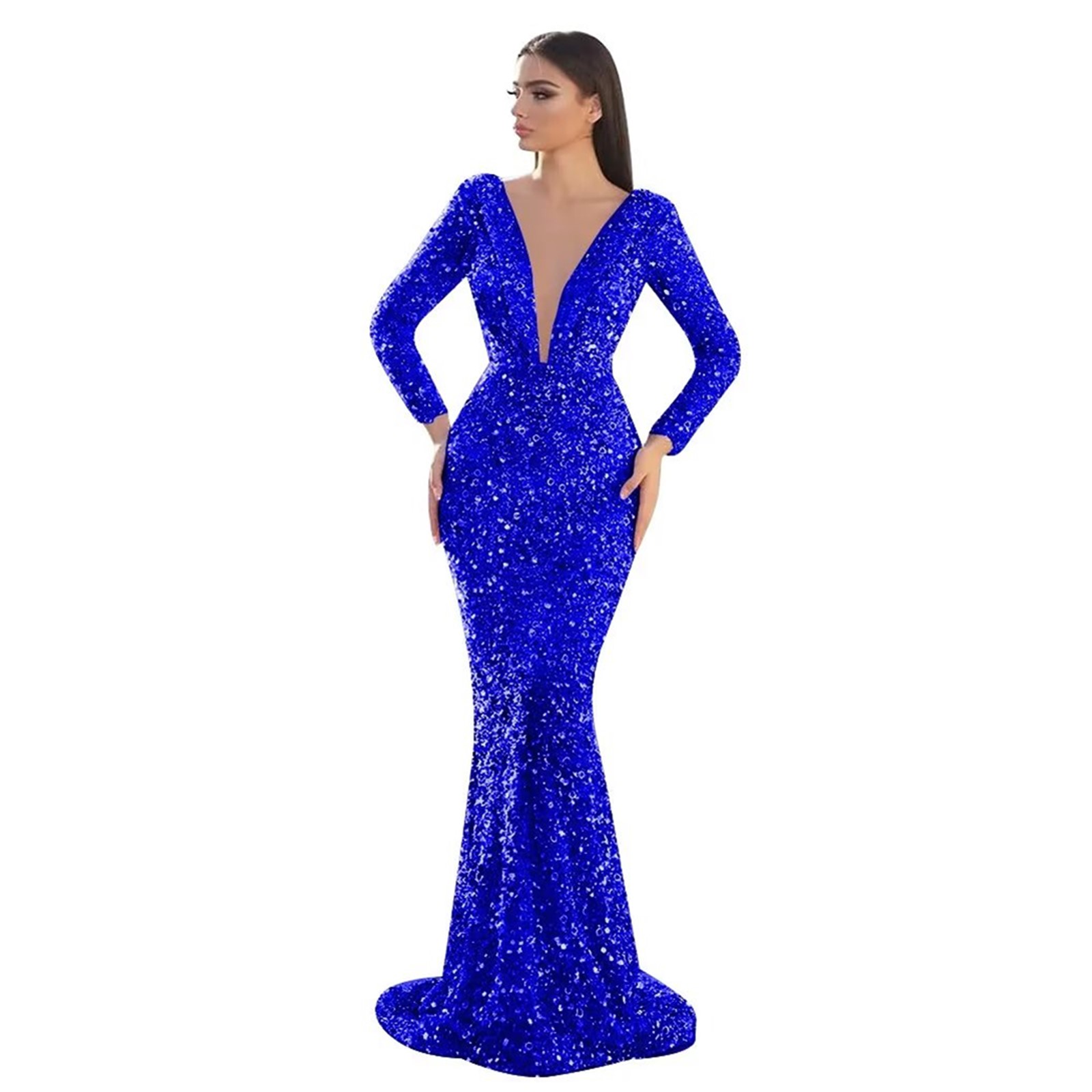 Glitter Mermaid Evening Dresses Beading Sequins Long Sleeve Prom Gowns Deep V Neck Party Second Reception Dress