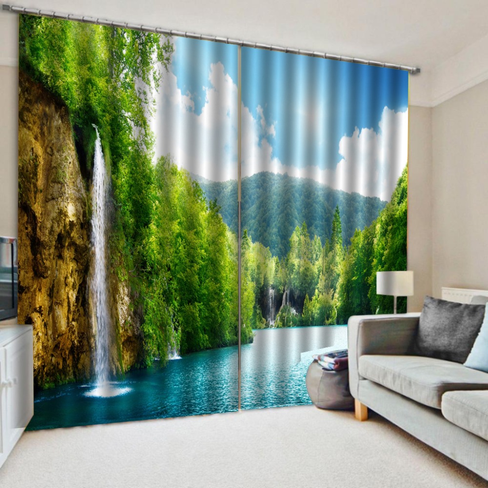 Hermosa foto de moda, cortinas 3D personalizadas, cortinas verdes, hermoso paisaje, cortina 3d