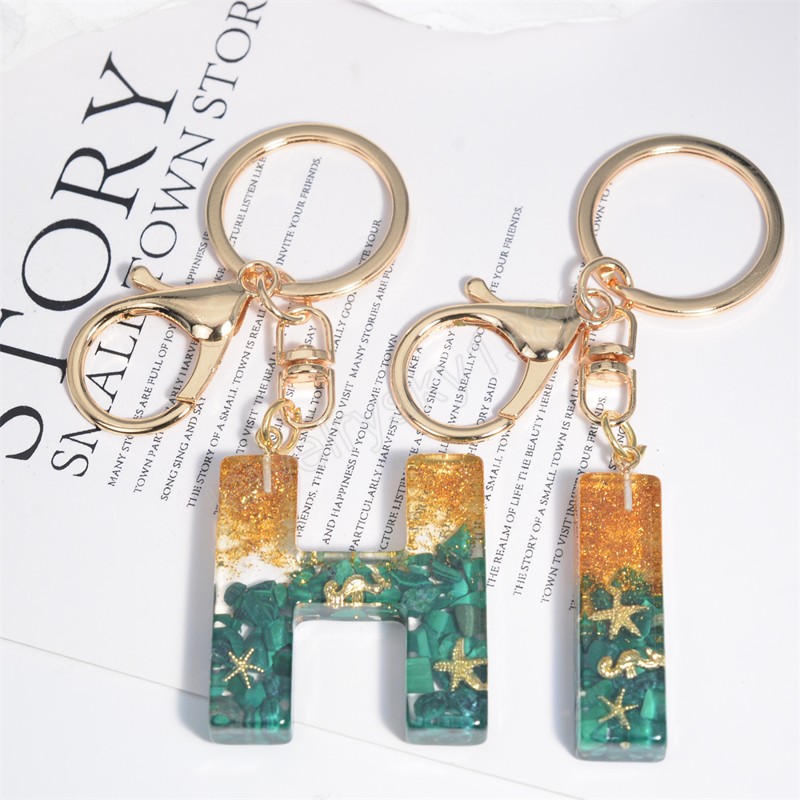 26 Letter Keychains for Women Handbags Initial Alphabet Pendant Green Stone Filled Resin Key Rings