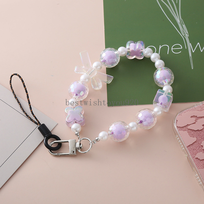 Sweet Bowknot Beads Lanyard Phone Chain Universal Acrylic Pärled Anti-Drop Phone Rope Telefonfodral Hängande ornament Dekorationer