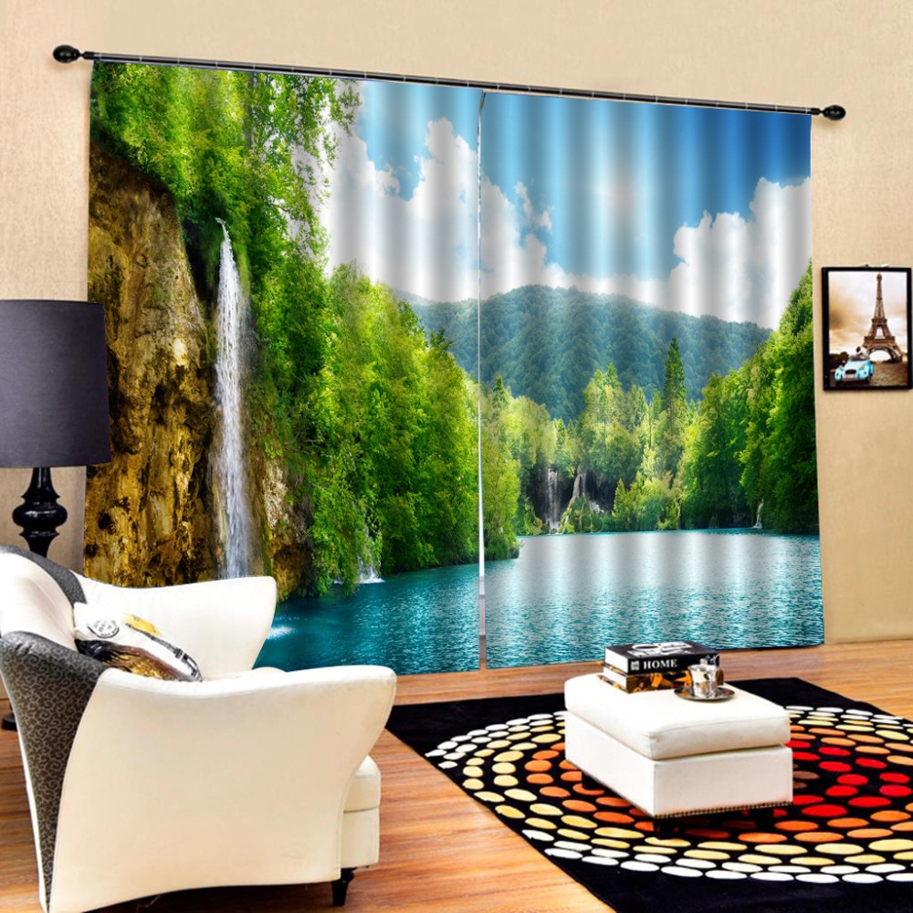 Hermosa foto de moda, cortinas 3D personalizadas, cortinas verdes, hermoso paisaje, cortina 3d