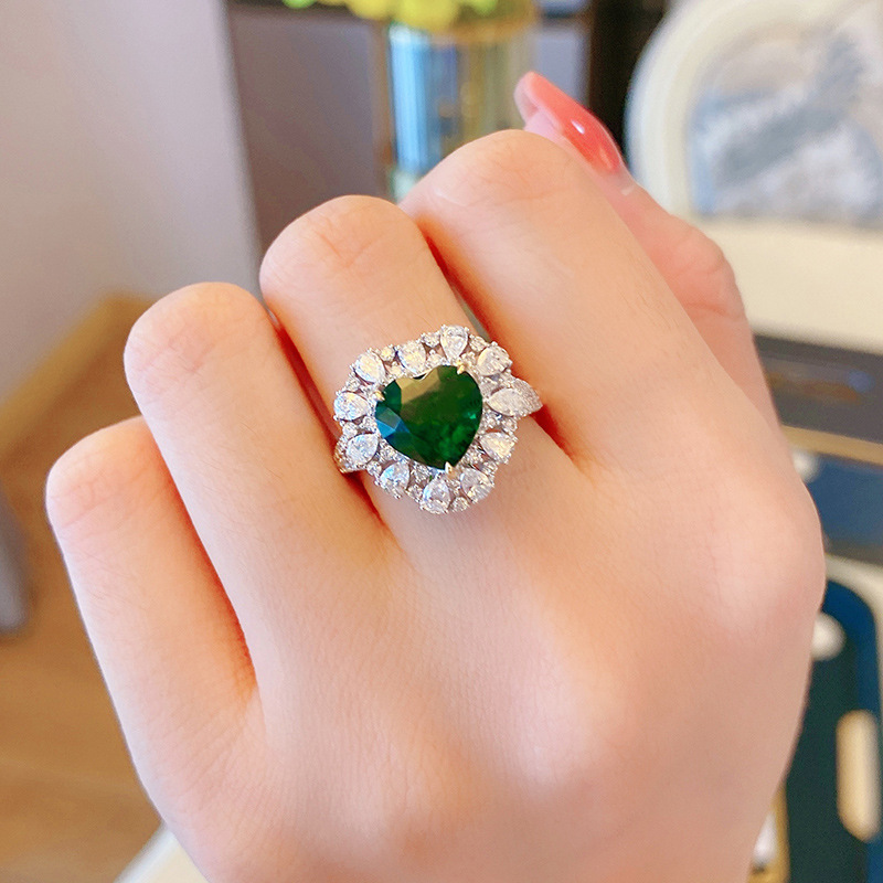 Herz-Smaragd-Diamant-Ring 925 Sterlingsilber-Verlobungs-Hochzeits-Band-Ringe für Frauen-Brautversprechen-Partei-Schmuck-Geschenk