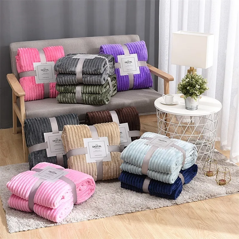 Solid Striped Throw Blanket Flannel Fleece Super Soft Blankets Winter Warm Fluffy Bed Linen Bedspread For Sofa Bedroom Decor LJ200819