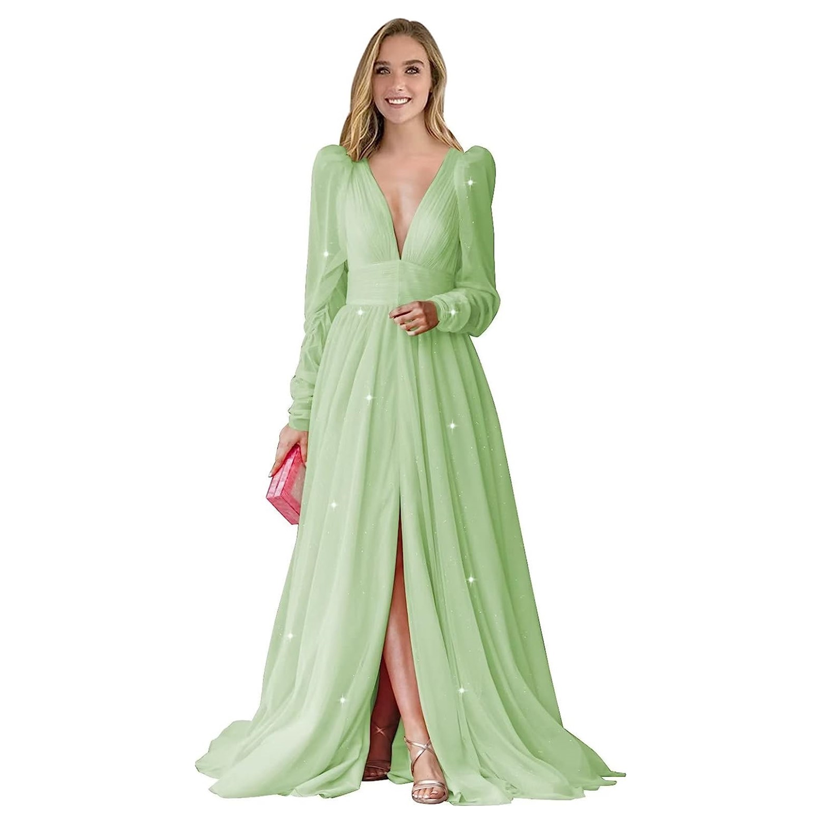 Elegant Solid Evening Dresses Party Dresses for Women Sexy V Neck Puff Long Sleeve Prom Dresses Deep V Neck High Split Dresses