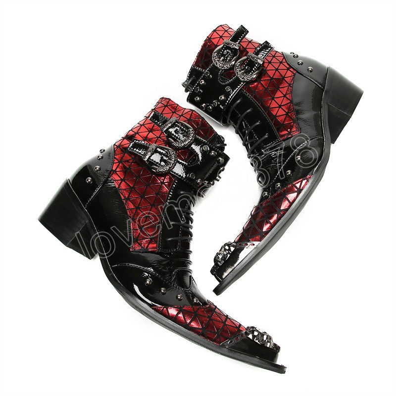 Fashion 6.5cm High Heels Leather Ankle Boots Men Iron Toe Buckles Zip Black Red Punk Motorcycle Short Boots for Man Big Sizes