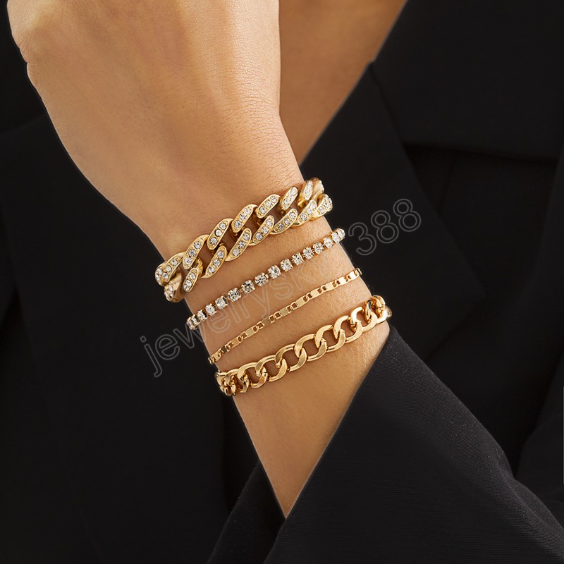 Ensemble de 4 bracelets en chaîne glacée pour femmes, couleur cristal or argent, chaîne de Tennis, bijoux tendance
