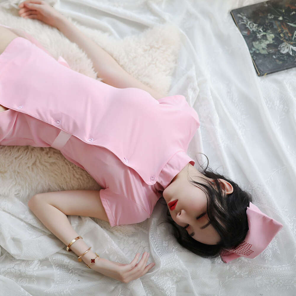 Kvinnors sexiga rosa sjuksköterska snörning ol enhetlig erotisk underkläderförförelse Pure Desire 3-stycken Hat G String Ultra-kort klänning