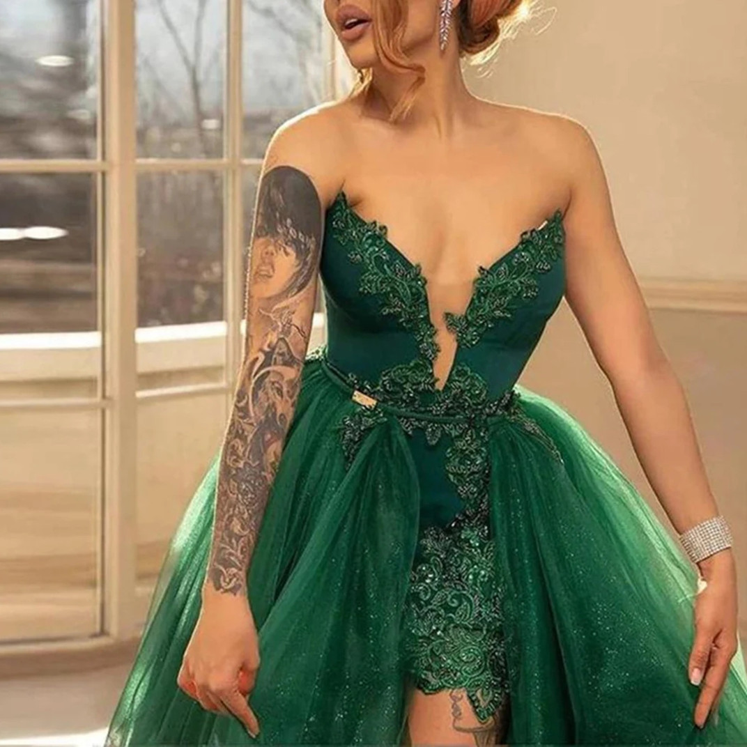 Exquisite Green Luxury Cocktail Ball Gown Prom Dress with Detachable Tail Formal Occasion Sweep Train Evening Dress