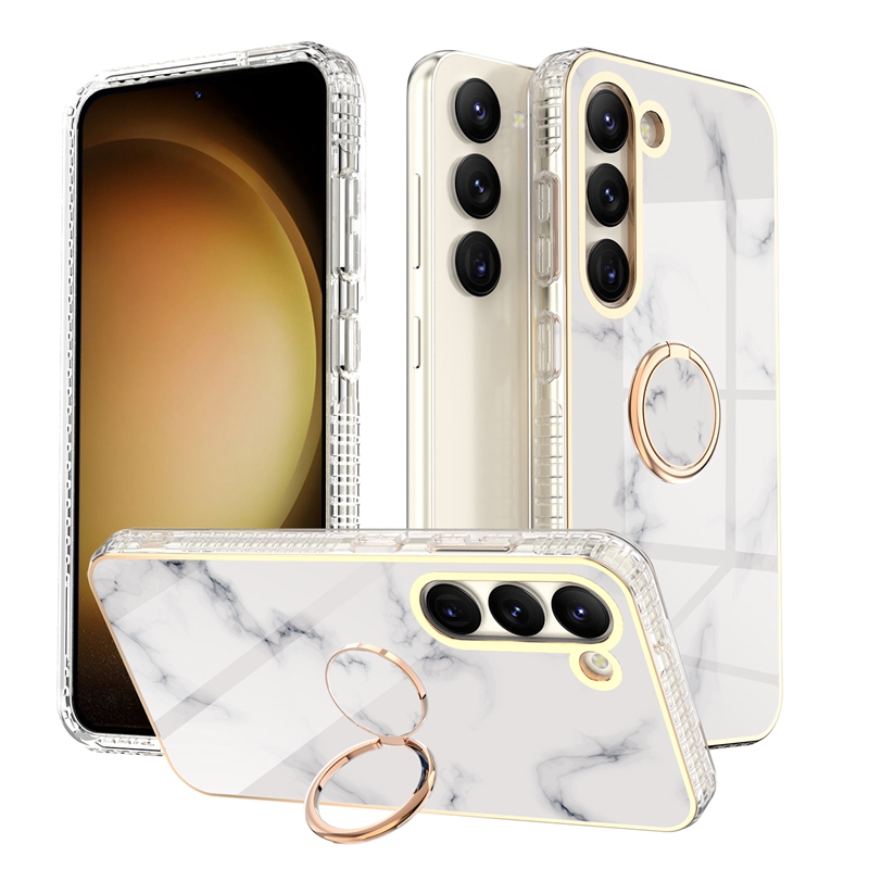 Luxury Marble Holder Cases For Samsung S23 Ultra S22 Plus S21 FE A54 A34 A53 A33 A32 A52 5G With Finger Ring Chromed Electroplated Flower Soft TPU IMD Shockproof Cover