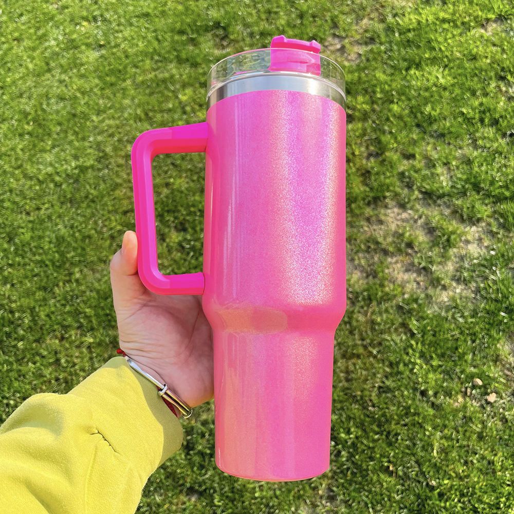 40oz rostfritt stål glitter tumbler med handtag lock halm stor kapacitet skimmer glansig vattenflaska utomhus camping kopp vakuum ins258q