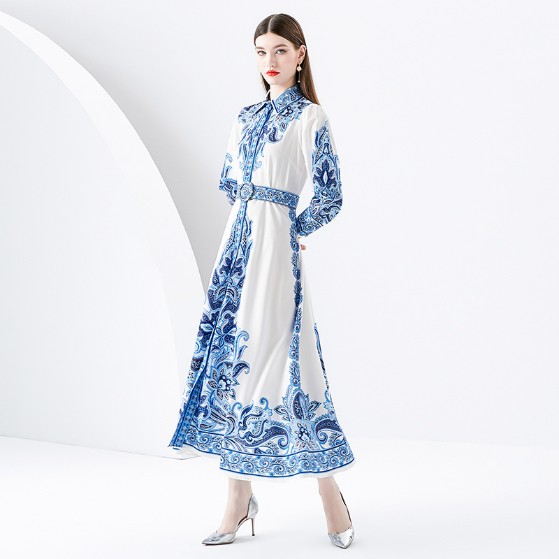 Women Lapel Button Shirt Maxi Dress With Belt Long Sleeve Paisley Print Lady Designer Formal Dresses 2023 Spring Autumn Elegant Slim A-Line Runway Cute Party Frock