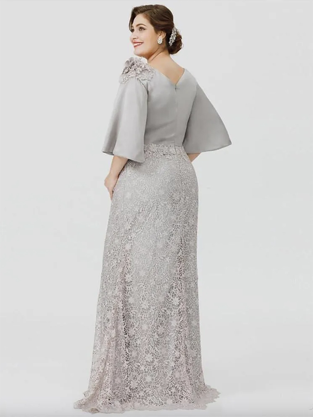 Grey A Line Mother Of The Bride Dress Jewel Neck 3/4 Long Sleeve Lace Appliqued Wedding Guest Gowns Floor-length Plus Size Evening Dresses Birthday Party Wear