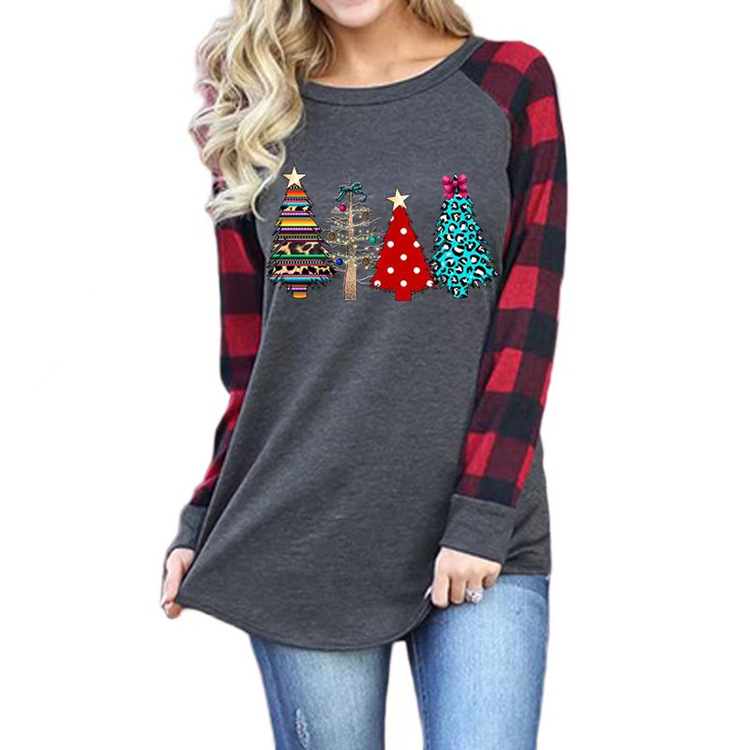 Diseñador de Navidad Camisetas de mujer Camisas de venado a cuadros rojos verdes Tops de mujer Tops de hip hop Camisetas a rayas con letras de Navidad Blusa informal Camisas de manga larga de moda