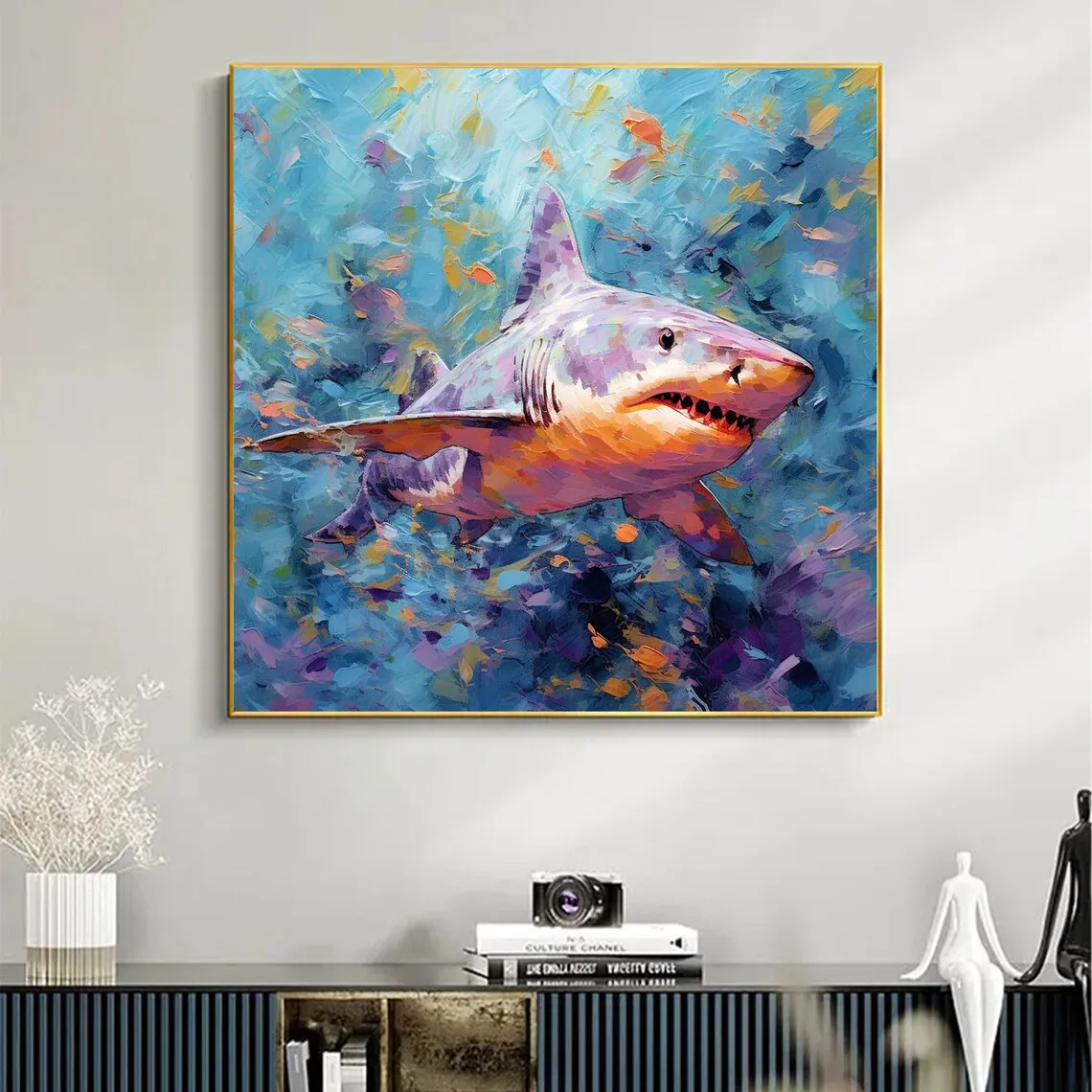 Pintura al óleo de tiburón abstracta grande sobre lienzo, imágenes de pared modernas de Bellas Artes de animales personalizadas minimalistas para decoración de habitación de niños, regalos