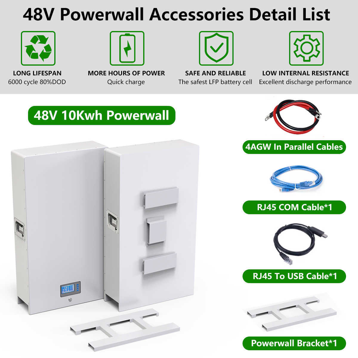 48V 200Ah Powerwall 10Kwh LiFePO4 Batería incorporada 200A BMS CAN RS485 51.2V 6000+ Ciclos 10 años de garantía para energía solar fuera/en la red