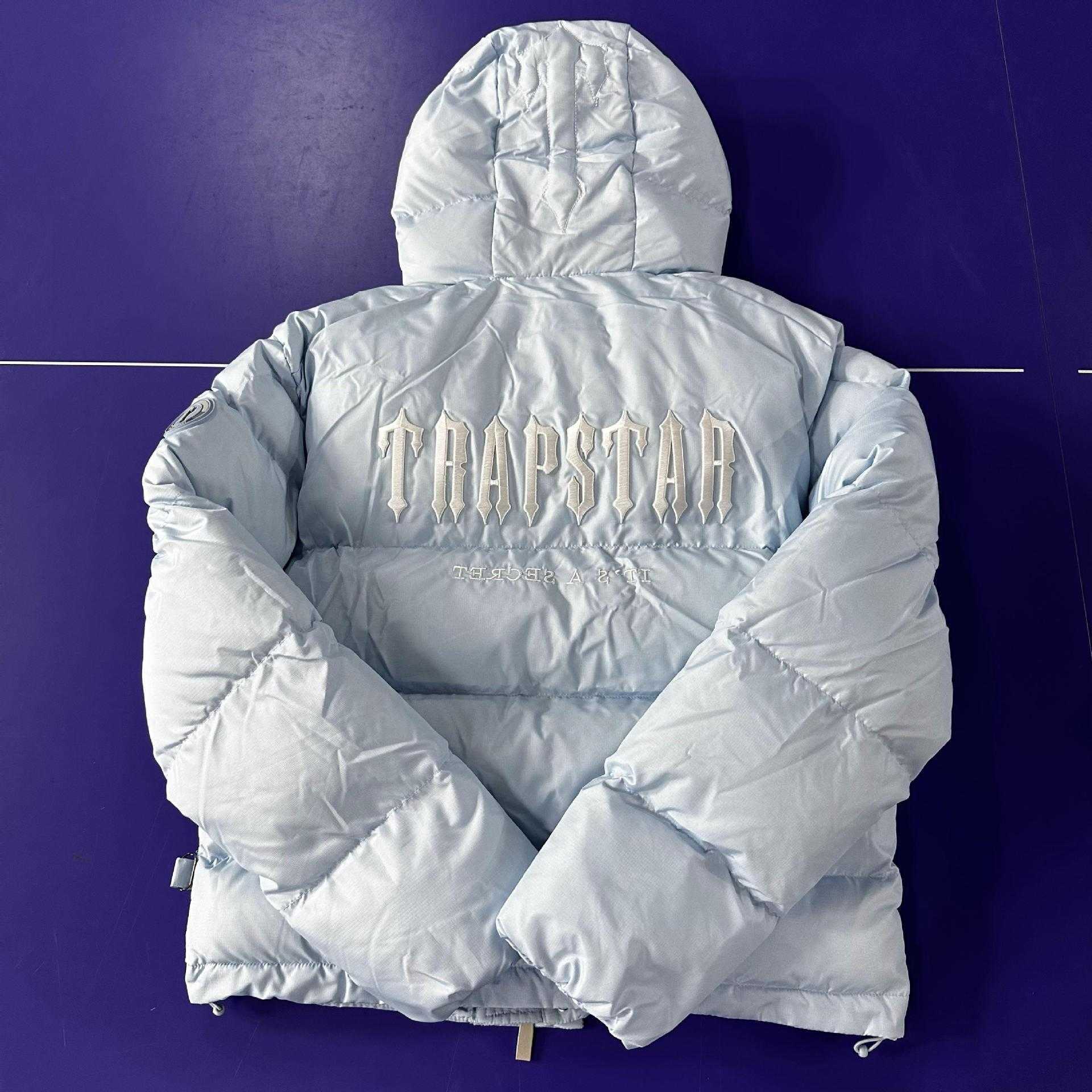 2023 New Men's and Women's Down Jackets Trapstarss Explosions Tide Brand Small Fresh Light Blue Cotton Coat Hooded Unisex American Fashion Warm Thickened
