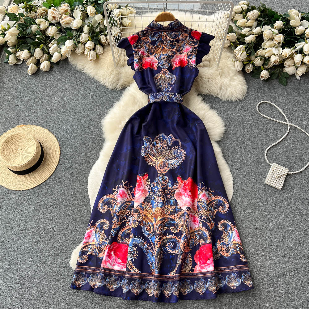 2023 Casual Dresses Summer Fashion Vintage Pleated Dress Women Runway V-neck Fly Sleeve Floral Print High waist Long Vacation Dress