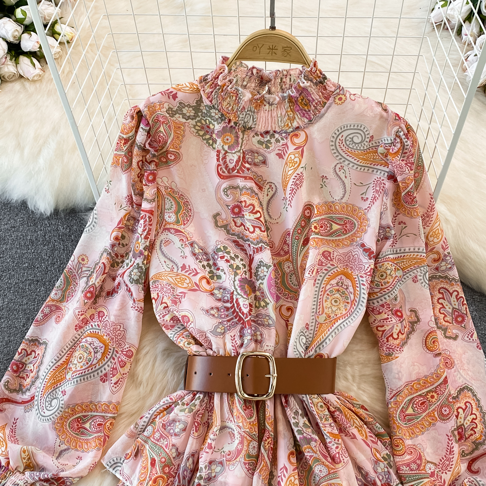 2023 Casual Dresses High Quality Vintage Beach Dress Women Stand Collar Long Lantern Sleeve Paisley Multilayer Cascading Party Chiffon Dress