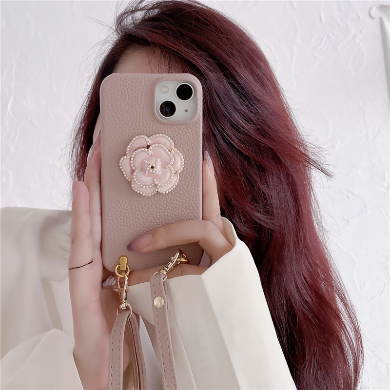 Ketting 3D Pearl Flower Vogue telefoonhoesje voor iPhone 14 13 12 11 Pro Max duurzaam verstelbaar lanyard lychee patroon lederen beschermende shell schokbestendigheid