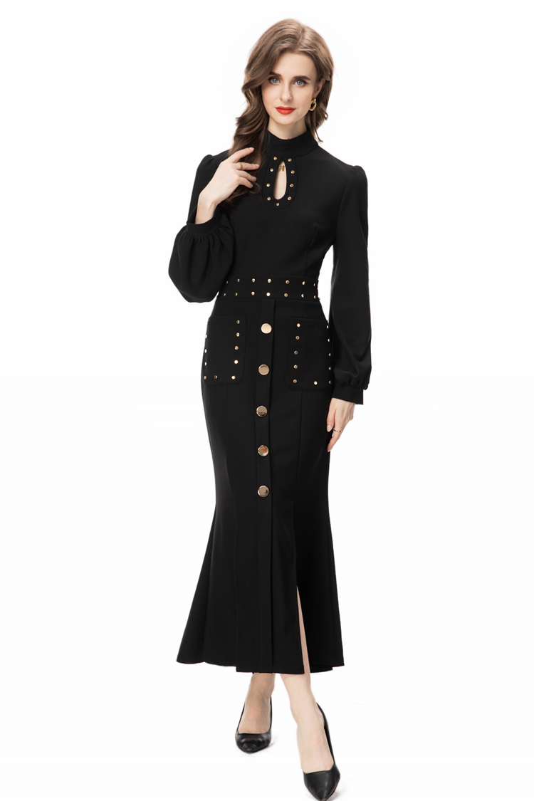 Women's Runway Dresses Stand Collar Long Sleeves Sexy Keyhole Rivet Knitted Fashion Designer Mid Vestidos