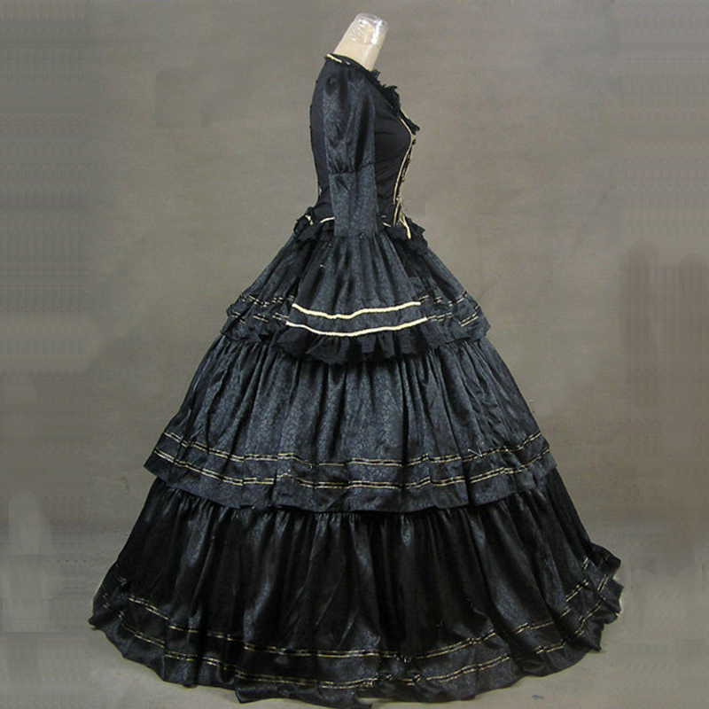 2023 Siyah Gotik Viktorya Tarihi Partisi Elbise Uzun Parlama Kolu Ortaçağ Retro Marie Antoinette Balloween için Cadılar Bayramı